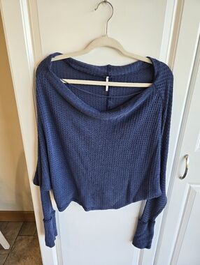 Free People Navy Waffle-Knit Off-Shoulder Sweater